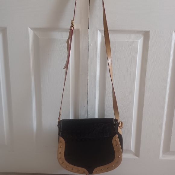 ARCADIA 🥰 UNIQUE Black and Tan Patent Leather Flap Bag. 10x12 EUC - Picture 7 of 7